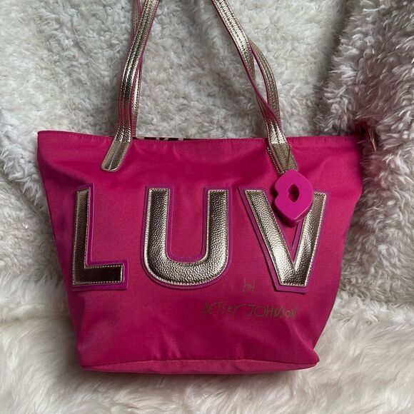 Luv Betsey by Betsey Johnson hot pink fabric Tote faux leather gold straps - Picture 3 of 13